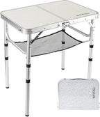 Small Folding Table 2 Foot, Portable Camping Table with Mesh Holders,Lightweight Aluminum Adjustable Height, with Carry Handle for Camping Picnic Indoor Outdoor, White 24 x 16 inch (3 Heights）