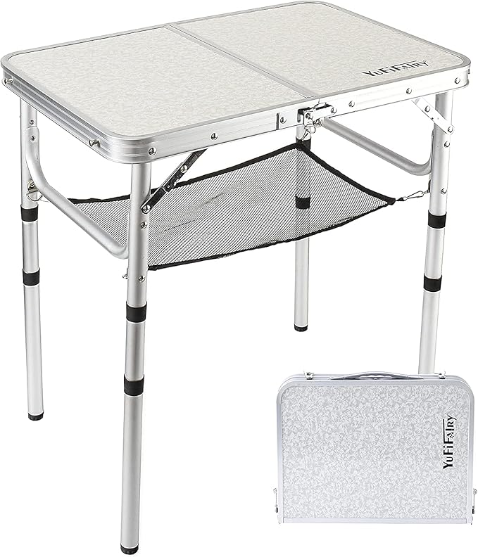 Small Folding Table 2 Foot, Portable Camping Table with Mesh Holders,Lightweight Aluminum Adjustable Height, with Carry Handle for Camping Picnic Indoor Outdoor, White 24 x 16 inch (3 Heights）