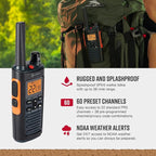 Cobra RX680 Walkie Talkies (2-Pack) - Rugged & Splashproof Two Way Radios Long Range, IP54 Water Resistant Design, 60 Pre-Programmed Channels, Weather Alerts, Included Charging Dock (Black/Orange)