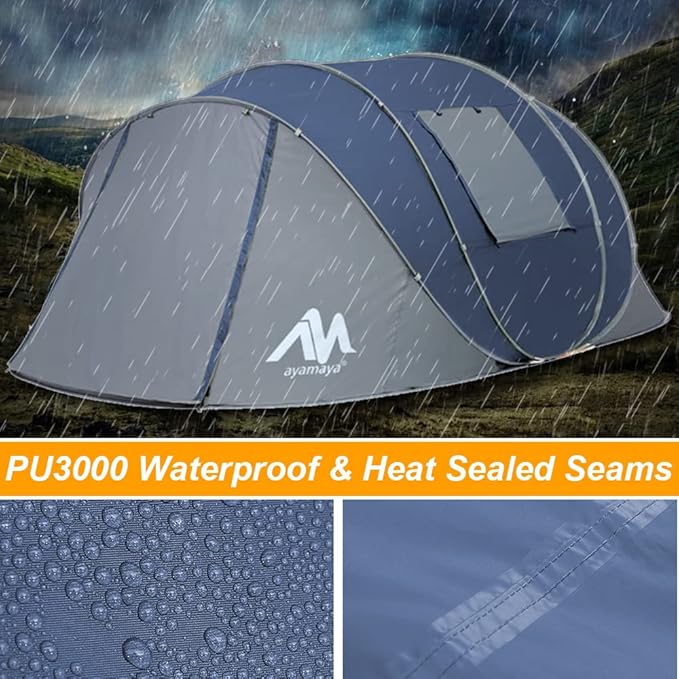 6 Person Easy Pop Up Tents for Camping - AYAMAYA Double Layer Waterproof Instant Tent with Vestibule & Porch, Large Size Family Tent Automatic Setup for 4-6 People Camping Hiking (Poles Included)
