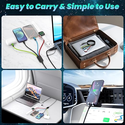 Travel Essentials 4 in 2 Multi Charging Cable for Apple iWatch Charger, USB A/USB C Charging Cords for iWatch Ultra/SE/10-2, iPhone 17-11, Galaxy S25-21, iPad (1PACK 5FT)