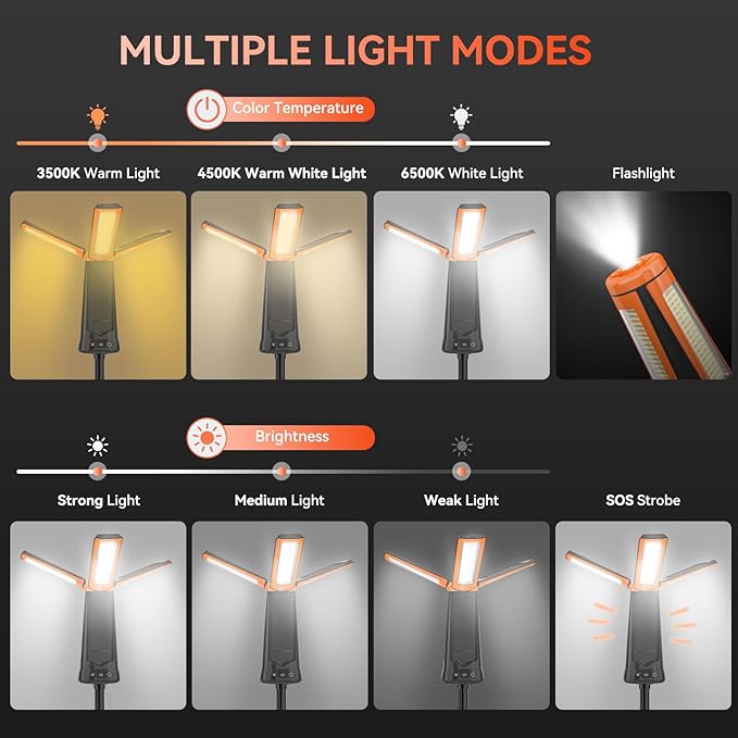Rechargeable Camping Light with Stand, 15000 mAh Cordless Work Light with 3 LED Lamp Heads, 5500 Lumens Dimmable Camping Essentials Gear Emergency Flashlight with 86" Detachable Tripod, Orange