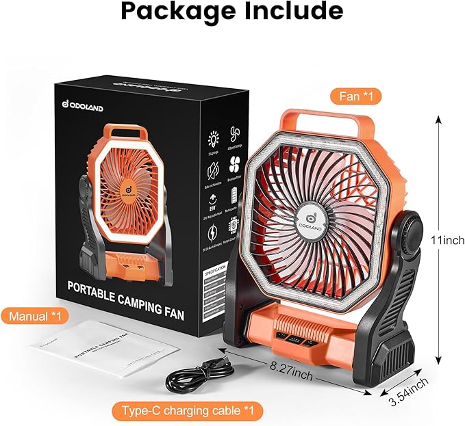 Odoland Rechargeable Camping Fan, 20000mAh Battery Fans with LED Lantern for Tent Car Beach Storm, Portable Ventilador Recargable Light Desk Fan for Picnic Power Outage Hurricane, Orange