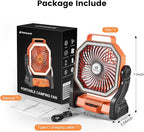Odoland Rechargeable Camping Fan, 20000mAh Battery Fans with LED Lantern for Tent Car Beach Storm, Portable Ventilador Recargable Light Desk Fan for Picnic Power Outage Hurricane, Orange