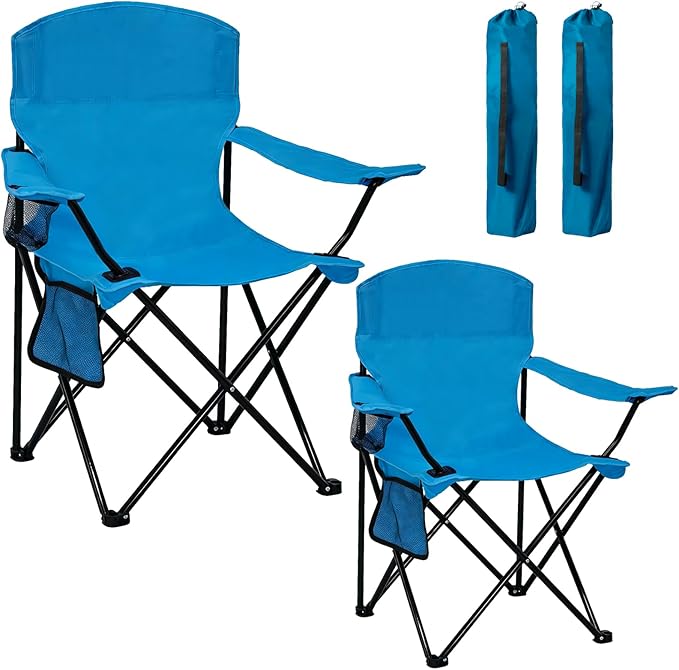 Camping Chair 2 Pack Portable Folding Chair with Cup Holder and Cooler Bag, 285lbs Capacity, Upgraded Foldable Chair for Outdoor, Beach, Fishing, Backpacking, Sky Blue