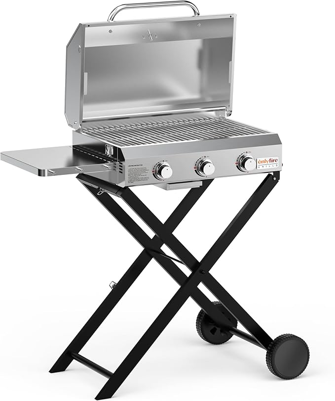 BBQ Gas Grill 3-Burner with Foldable Cart & Side Table, Portable Propane Grill with Lid for Outdoor Patio Backyard Barbecue Camping Tailgating RV Trip, Stainless Steel, GS308