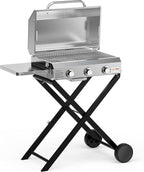 BBQ Gas Grill 3-Burner with Foldable Cart & Side Table, Portable Propane Grill with Lid for Outdoor Patio Backyard Barbecue Camping Tailgating RV Trip, Stainless Steel, GS308