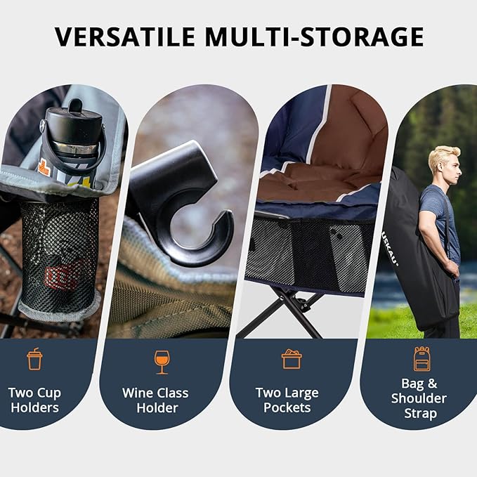 Oversized Camping Chair for Large Adults Heavy Duty 400 lbs Capacity, Comfortable Padded Folding Lawn Chair with Back & Headrest Support and Cup Holder, Portable Outdoor Chair with Carry Bag