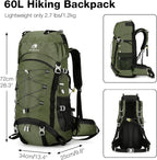 60L Waterproof Backpacking Hiking Backpack with Rain Cover for Men Women, Large Camping Backpack, Green