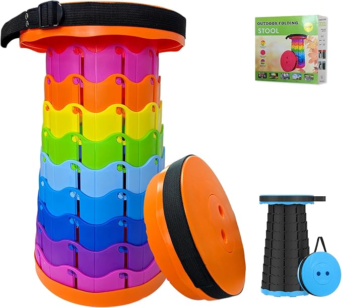 Jakuva Retractable Folding Camping Stool, Collapsible Telescoping Stool Portable Stool with Max Load 360lbs for Adults for Indoor Outdoor Fishing Hiking Gardening Travel, Orange