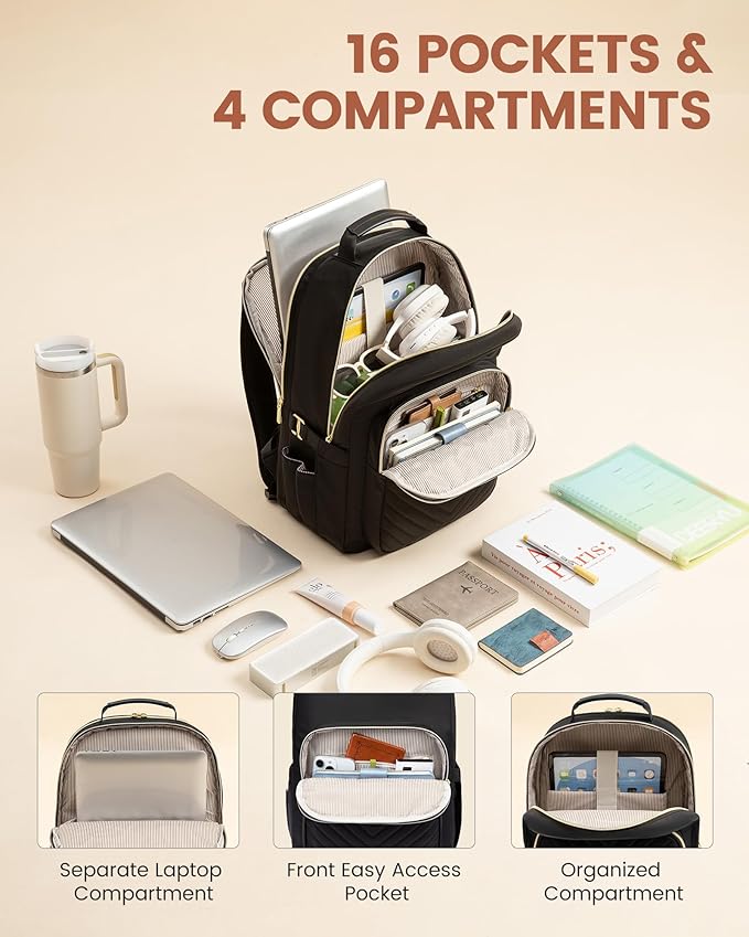 LOVEVOOK Laptop Backpack for Women with Giant Tumbler Holder 15.6 inch,Designer Travel Backpack Laptop Bag College Backpack,Quilted Work Nurse Teacher Backpack Purse Computer Bag Daypack,Black Brown