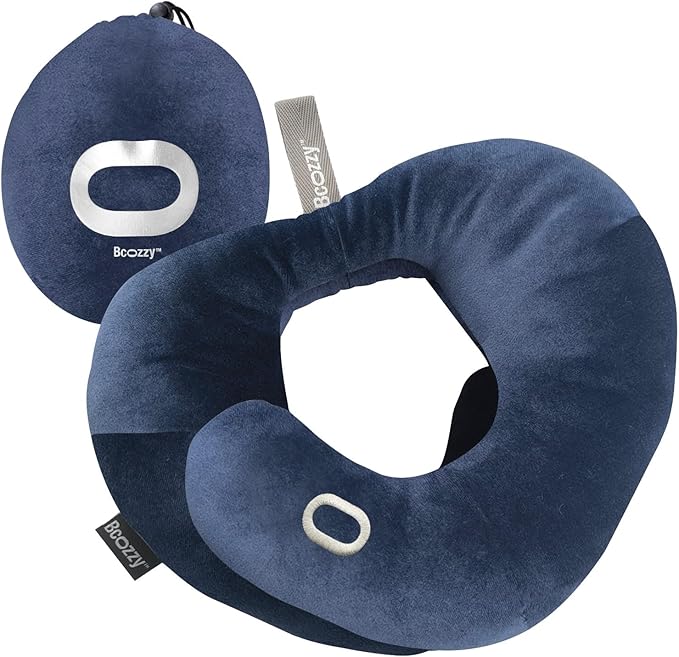 BCOZZY Flat Back Travel Neck Pillow – Patented Neck Pain Relief & Support for Head, Neck, and Chin. Ideal for Airplanes, Long Flights, Car Rides. Adjustable, Washable, with Carry Bag. Large, Navy