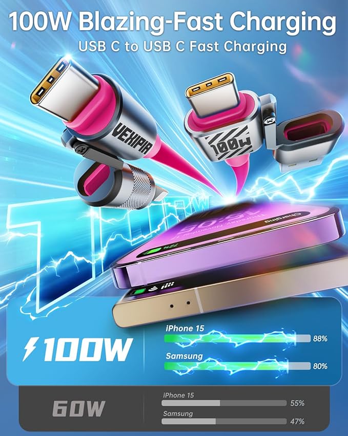 4 in 1 USB C Cable 100W 5FT Fast Charging & Data Transfer, Thicker Silicone Multi Charger Cord for iPhone iPad Charger Wire Combo with L/Type C/USB A for iPhone 16/15/Macbook (Pink)