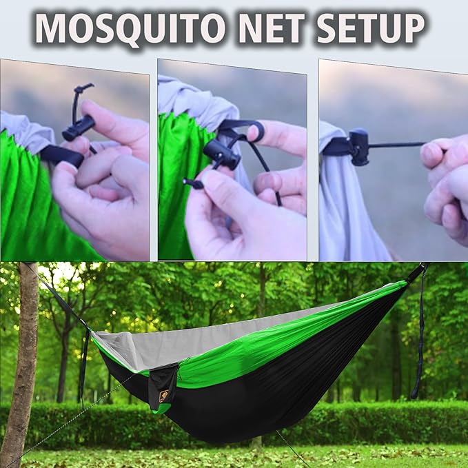 Camping Hammock, Portable Hammocks with Mosquito Net,Lightweight Nylon Parachute Hammock with 10ft Tree Straps,Camping Gear Must Haves for Travel Hiking Backpacking Beach Patio Black& Green