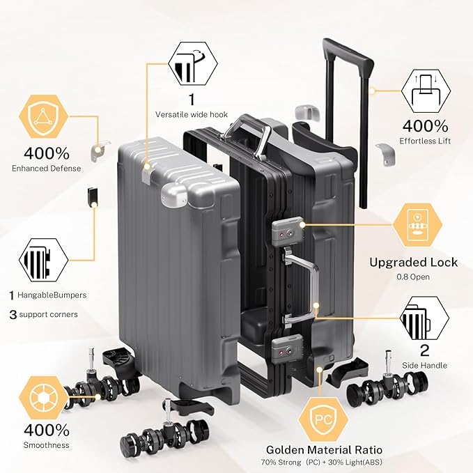 Krute Carry On Luggage 20 inch Aluminum Frame Suitcase with Spinner Wheels No Zipper PC+ABS Hardshell Luggages TSA Lock Zipperless Suitcases
