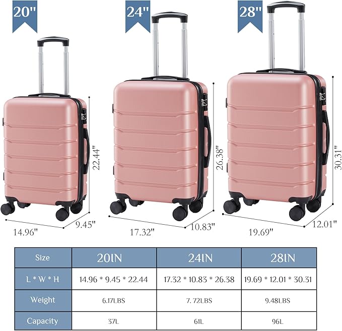 OLIXIS 3-Piece Luggage Set, Carry On Suitcases with Spinner Wheels, Expandable Travel Luggage with TSA Approved Lock & ABS Hard Shell, Pink, 20/24/28 Inch