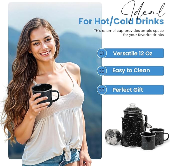 Toughty Enamel Coffee Percolator - Stovetop Coffee Maker for Camping, Open Fire, Grill, or Stove - Vintage Coffee Pot - Durable Old-Fashioned Metal Percolator w/ 2 Cups & 12 Coffee Filters - Black