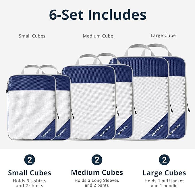 3 Set Compression Packing Cubes for Travel - Compressible, Lightweight, and Space-Saving Packing Cubes, Travel Essentials for Women, Navy