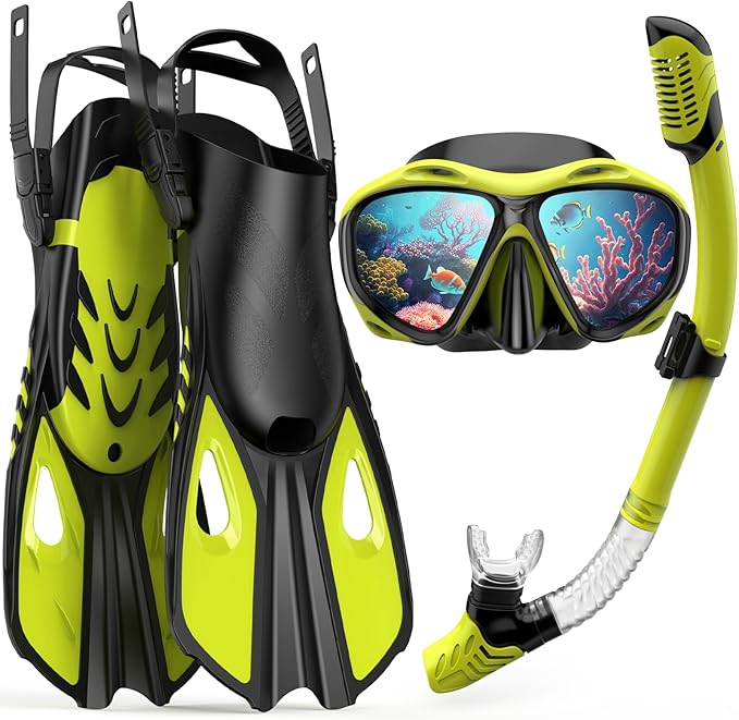 Snorkeling Gear for Adults Men Women, 3 in 1 Snorkel Set with Panoramic View Diving Mask Anti-Fog Anti-Leak, Snorkel Mask Dry Top Snorkel Fins for Swimming, Snorkeling and Travel Diving