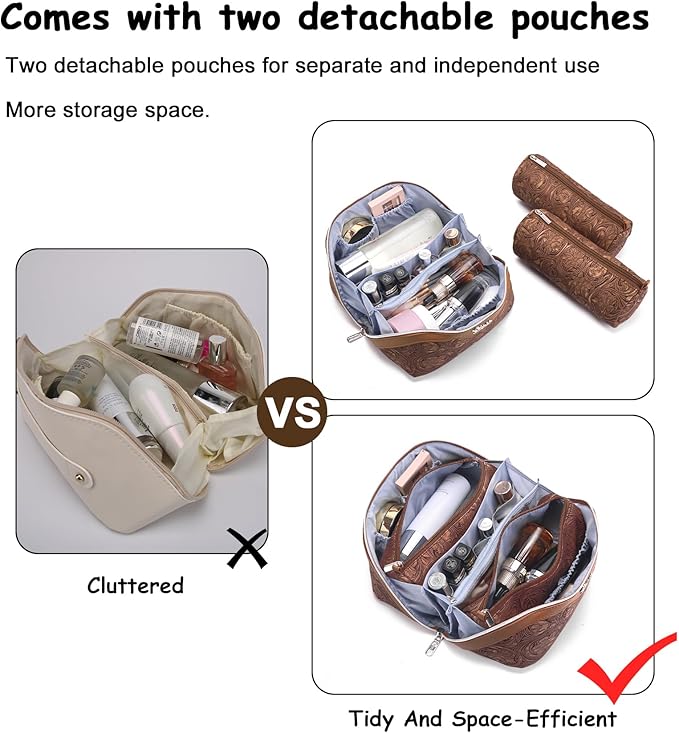BOYATU Travel Makeup Bags Cosmetic Organizer Bag: 3 Pcs Set Large Capacity Floral Make up Bag with Compartments - Waterproof Leather Toiletry Bags with Handle for Women (19-Brown)