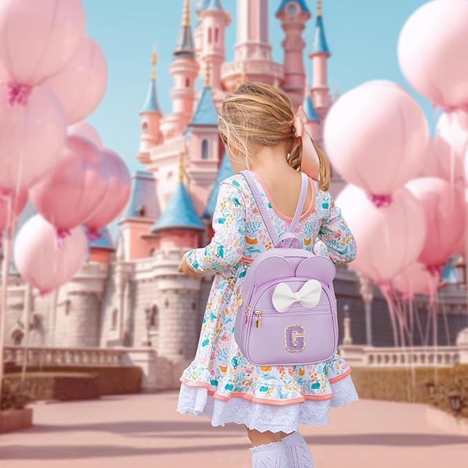KKXIU Girls Initial Bowknot Cute Mini Backpack for Toddler, Travel Small Girl Backpacks, Personalized Birthday Gifts for Little Girls and Kids(G, Purple)