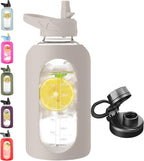 CIVAGO 64 oz Glass Water Bottle Jug with Straw and Handle, Half Gallon Sports Motivational Water Bottle with Time Marker, Wide Mouth Flask Canteen with Silicone Sleeve for Gym, Apricot