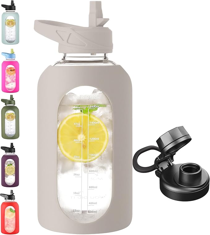 CIVAGO 64 oz Glass Water Bottle Jug with Straw and Handle, Half Gallon Sports Motivational Water Bottle with Time Marker, Wide Mouth Flask Canteen with Silicone Sleeve for Gym, Apricot