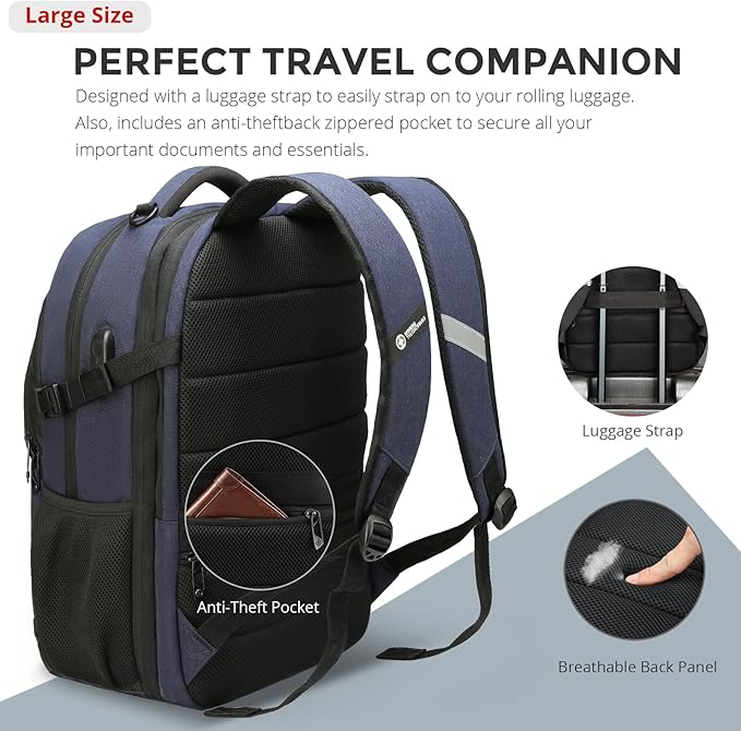 Swissdigital Design Travel Laptop Backpack for Men and Women, 35L Expandable Large Business Backpack with USB Charging Port for Fits 17 Inch Notebook, Blue | SD1671-12