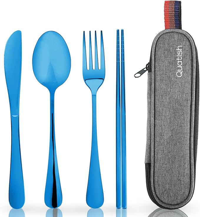 Travel Utensils with Case, Quatish Portable Silverware Set for Work, Stainless Steel Reusable Travel Cutlery Set, Fork and Spoon Set for Camping, Picnic, Gadgets, Lunch Box for Men, Blue