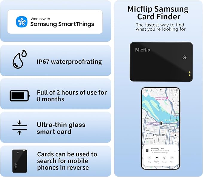 Wallet Tracker Card (Samsung Only),Rechargeable Bluetooth Smart Wallet Tracker,0.08in Ultra-Thin Glass Samsung Tracker Tags for Wallets,Passports & Luggage,IP67 Waterproof（1 Pack）