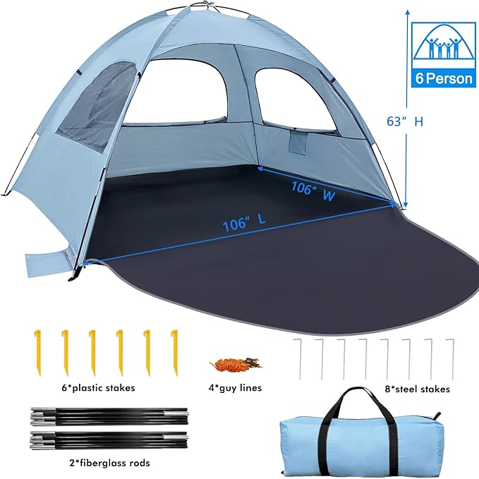 WhiteFang Beach Tent Anti-UV Portable Sun Shade Shelter for 3/4/6/8 Person, Extendable Floor with 3 Ventilating Mesh Windows Plus Carrying Bag, Stakes and Guy Lines