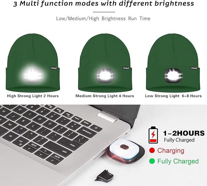 ATNKE LED Lighted Beanie Hat,USB Rechargeable 4 LED Running Headlamp Bright Cap with The Light Gifts for Men and Women