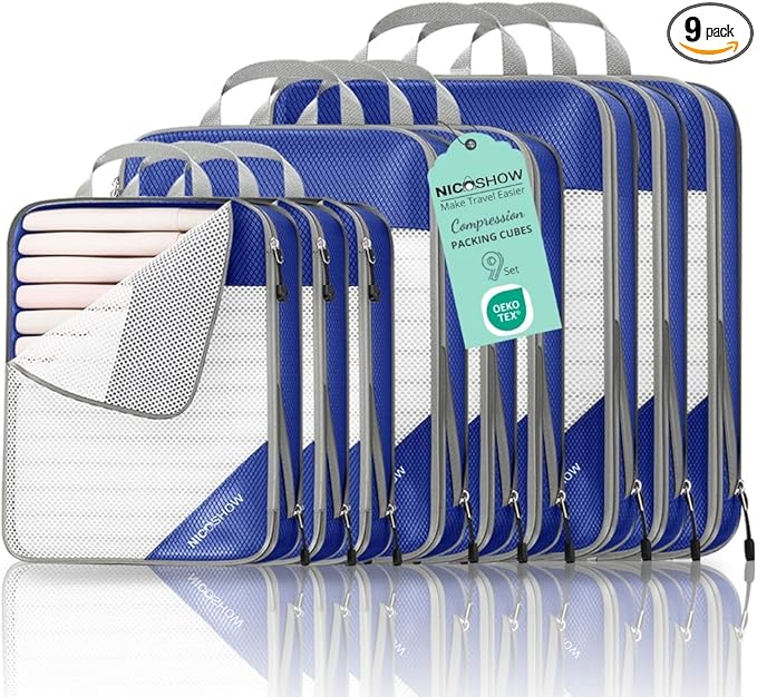 Compression Packing Cubes for Travel, Lightweight Travel Essentials, Packing Cubes Compression for Space-saving, 9 pcs, Royal Blue