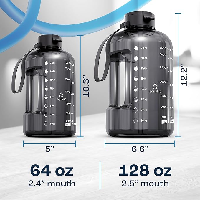 AQUAFIT 1 Gallon Water Bottle with Time Marker - Straw & Chug Lid - BPA Free Gym Water Bottle with Straw - Big Gallon Jug (Galaxy, 128 oz - 2 Lids)