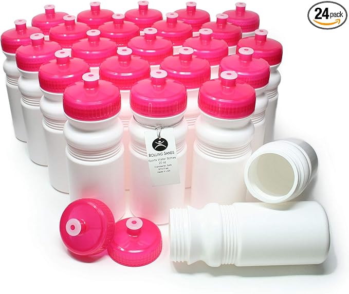 Rolling Sands USA Made 20 Ounce Sports Water Bottles - 24-Pack Bulk BPA-Free Blank Sports Bottles for Teams & Classrooms - White Bottle/Pink Lid, No Smell No Taste