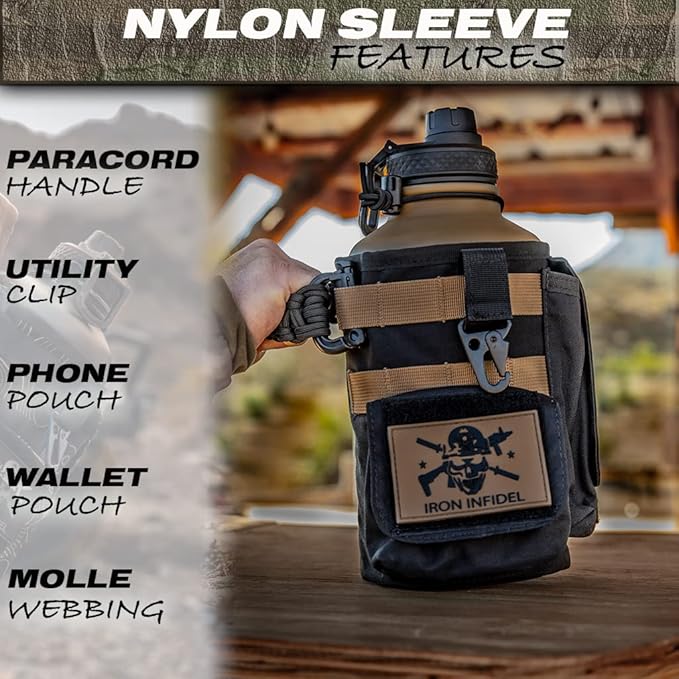 Iron Infidel Battle Bottle - Half Gallon Insulated Water Bottle with Paracord Handle, Large 64 oz Stainless Steel Water Jug with Rugged, Removable Sleeve for Keys, Wallet & Phone (Brown Recluse 2L)
