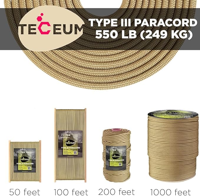 TECEUM 5/32" Paracord Rope 1000 – 1000ft / 200ft / 100ft / 50ft – Tactical Parachute Cord 4mm – 45+ Colors – Nylon String for Survival & Camping Gear – Stripe Cord for Survival – Utility Rope