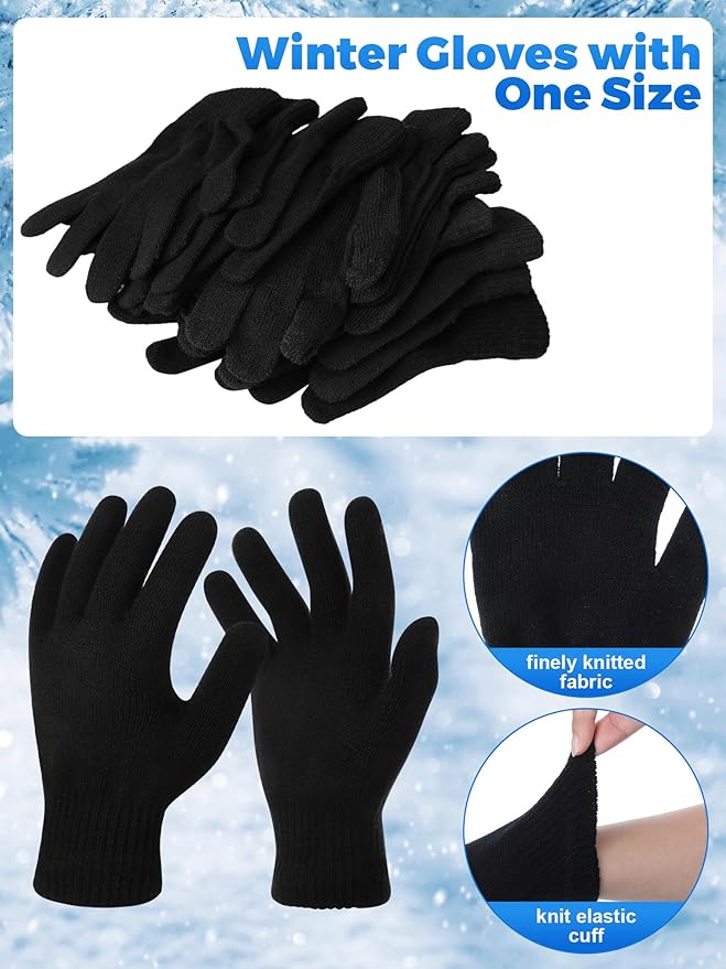Suhine 200 Pieces Winter Beanies Gloves Sets Include 100 Black Warm Knitted Hats Bulk and 100 Gloves for Men Women Homeless