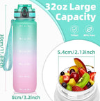 OLDLEY 32 oz Water Bottle, Motivational Water Bottle with Time Marker, Sports Water Bottle With Strap, Leakproof & BPA Free Large Water Bottles for School, Gym, Travel, Outdoor, Tritan,Green&Pink
