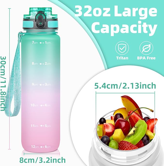 OLDLEY 32 oz Water Bottle, Motivational Water Bottle with Time Marker, Sports Water Bottle With Strap, Leakproof & BPA Free Large Water Bottles for School, Gym, Travel, Outdoor, Tritan,Green&Pink