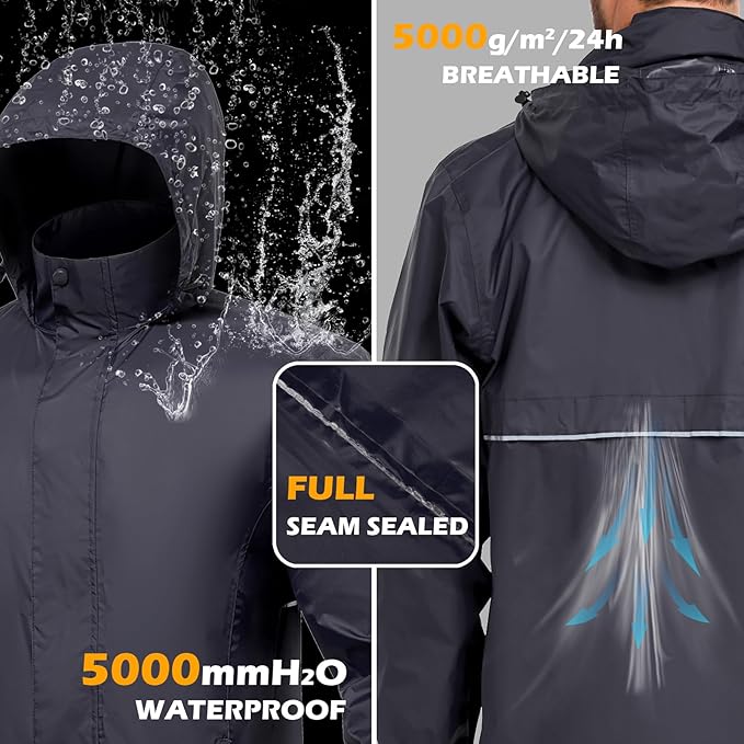 MANSDOUR Men's Packable Rain Jacket Waterproof Lightweight Windbreaker Cycling Golf Hiking Reflective Raincoat with Hood
