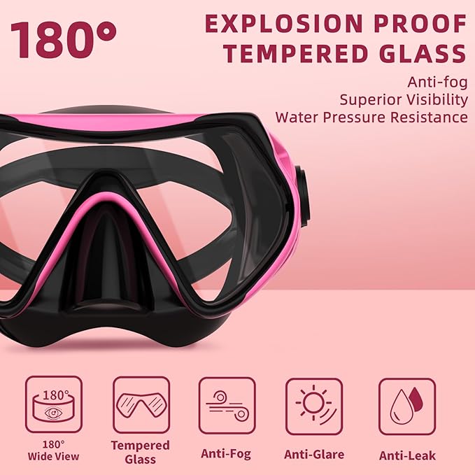 Snorkeling Gear for Adults, JRing Snorkel Mask Set with 180 Degree Tempered Glass Anti Fog Goggles Scuba Dry Top Snorkel for Swimming, Scuba Diving Mask for Men Women