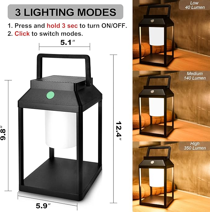 Solar Outdoor Lantern Aluminum LED Portable Rechargeable Table Lamp 35W 3000K Outdoor Nightstand Lamp IP44 Waterproof Cordless Touch Control USB Solar 2 in 1 Hand Light for Patio, Black