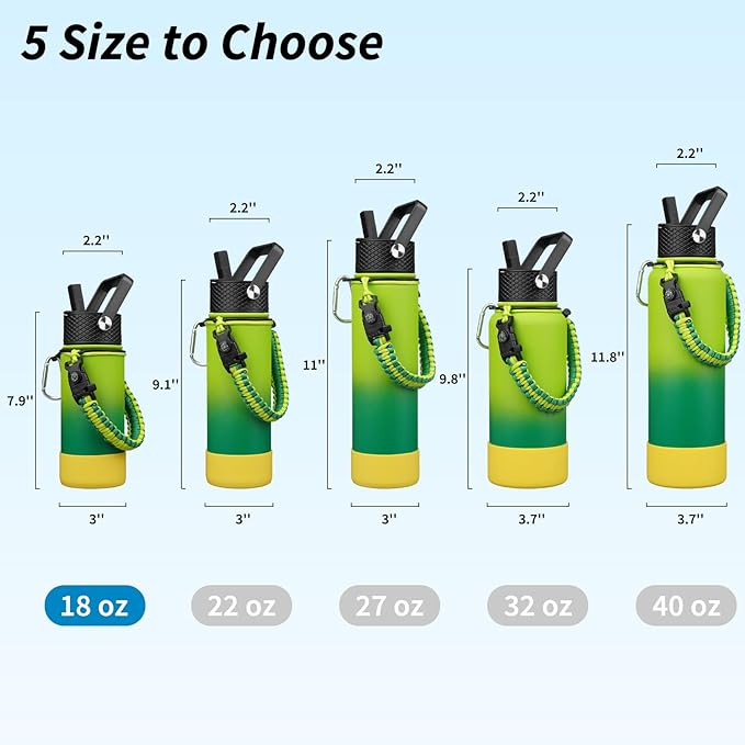 BJPKPK Water Bottle with Straw Lid, 18oz Insulated Water Bottles with 3 Lids, Paracord Handle & Non-slip Boot,Stainless Steel Metal Thermo,BPA Free Leak Proof Tumblers,Bamboo Grove