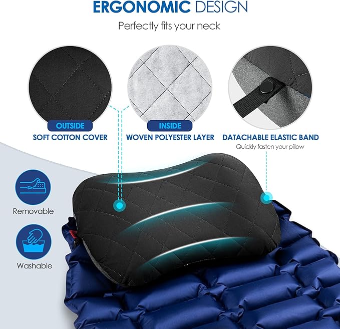 Hikenture Camping Pillow with Removable Cover - Ultralight Inflatable Pillow for Neck Lumbar Support - Upgrade Backpacking Pillow - Washable Travel Air Pillows for Camping, Hiking, Backpacking