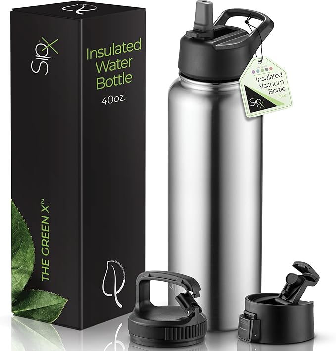 SipX™ Triple-Insulated Stainless Steel Water Bottle 40oz. With 3 Lids, BPA-Free Reusable Insulated Water Bottle Keeps Cold 24 Hours, Metal Water Bottle Made Of Sustainable Material For Hiking & Biking