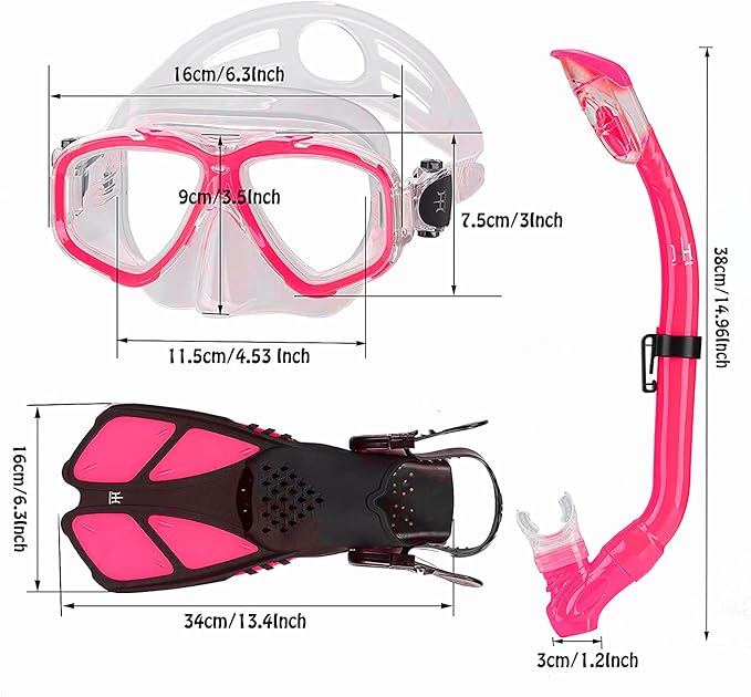 Kids Mask Fins Snorkel Set Snorkeling Packages, with Diving Mask, Snorkel, Adjustable Swim Fins, Mesh Bag, Anti-Fog Anti-Leak Snorkeling Gear for Kids for Snorkeling Swimming Diving
