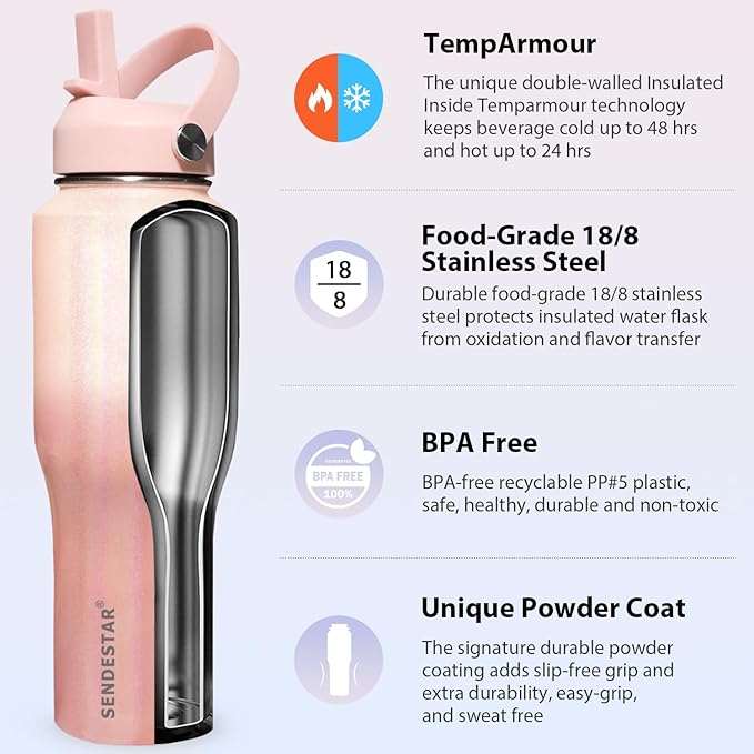 SENDESTAR 40oz Stainless Steel Water Bottle(Cold for 48 Hrs, Hot for 24 Hrs),Double Wall Vacuum Insulated Bottle with Straw Lid, Spout Lid and Flex Cap, Fit in Any Car Cup Holder TXIN-40-Laser G Pink