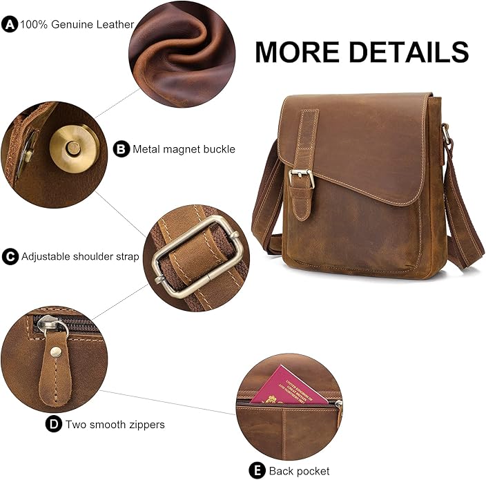 Augus Men's Leather Messenger Bag Shoulder Crossbody Backpack Bags Purse for Women Vintage Anti-Theft Waterproof Casual