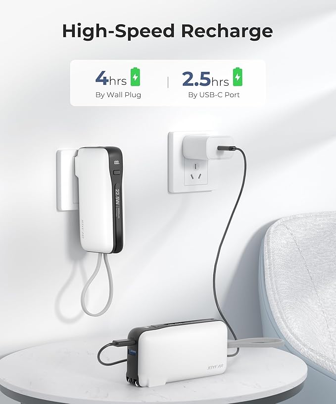 1 Pack Portable Charger with Built-in USB-C Cable & Plug, 10,000mAh 5V/4.5A Power Bank Fast Charging 22.5W, Travel Essential Battery Pack 3 Output for iPhone 16/15 Series, Samsung Galaxy, iPad